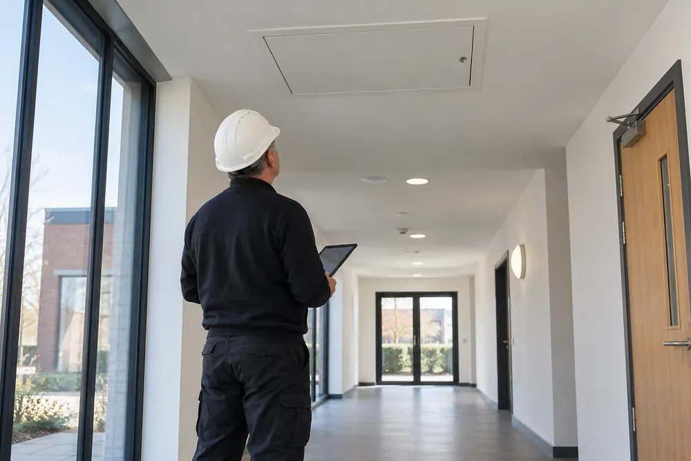 Surveyor inspecting an intact ceiling in a commercial corridor