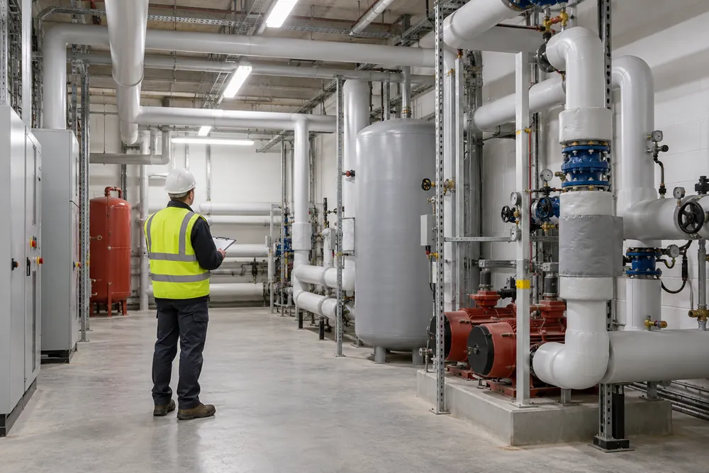 Surveyor reviewing intact pipework in a commercial plant room