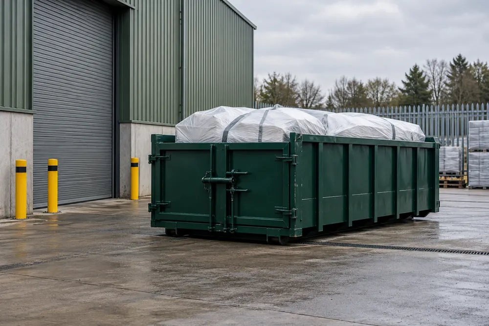 Sealed wrapped materials secured in a controlled industrial waste collection area